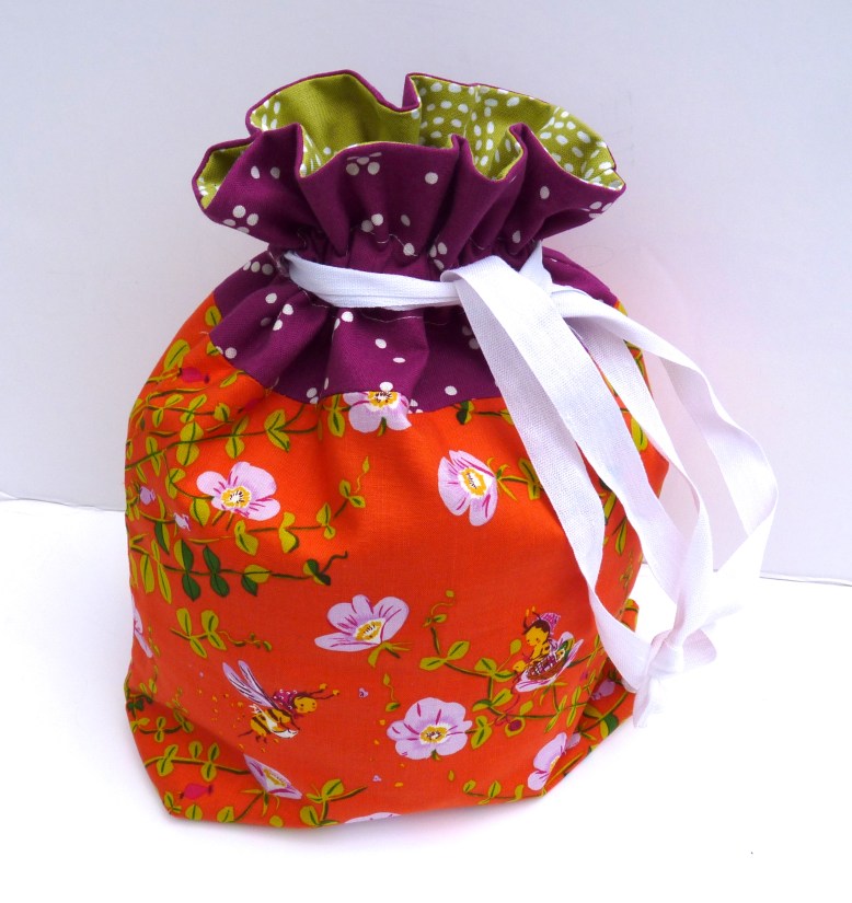 Lined drawstring bag in Briar Rose by Heather Ross