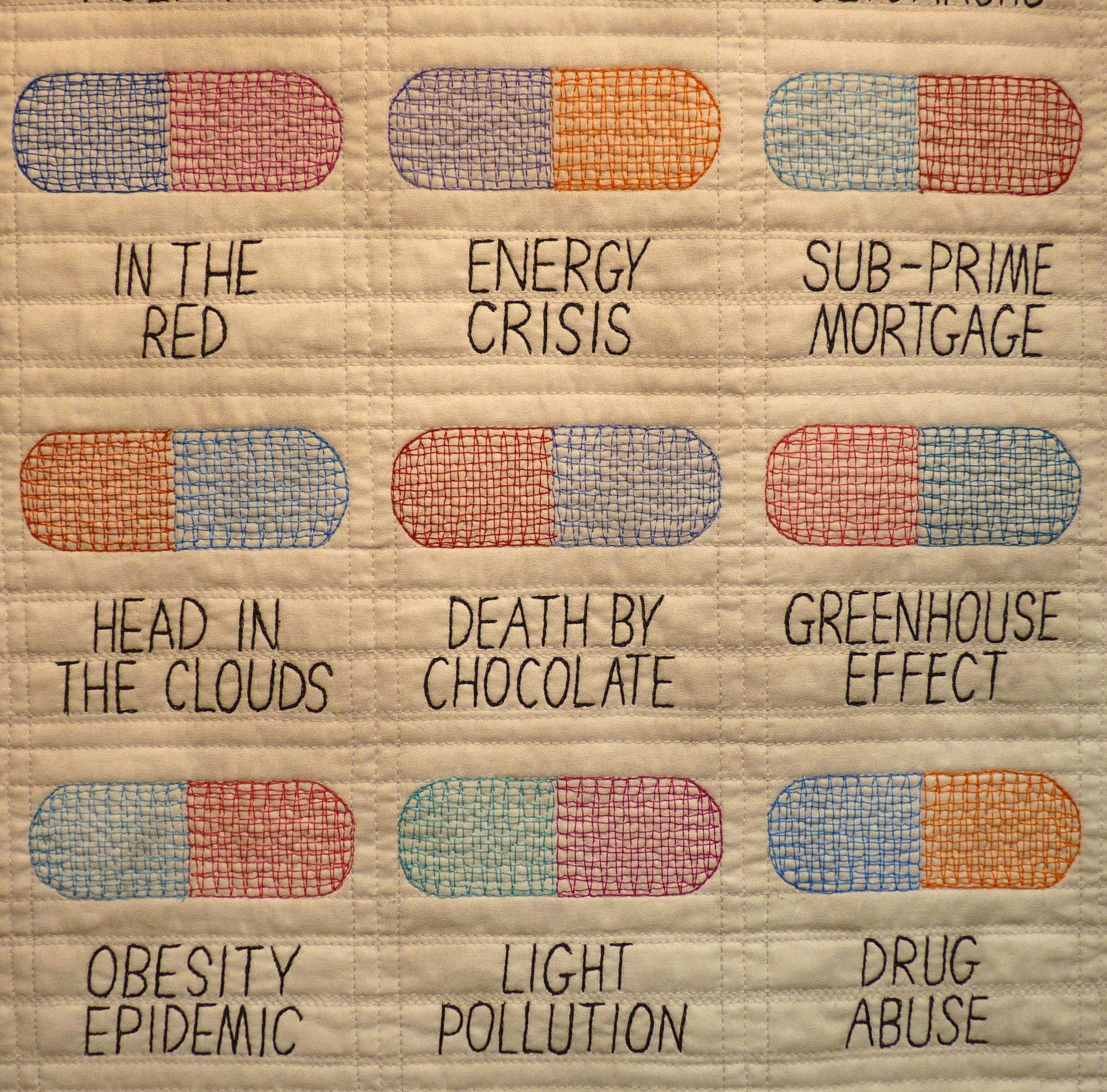 Detail of Bitter Pills quilt by Sara Impey - Rheged Gallery - New Quilting exhibition