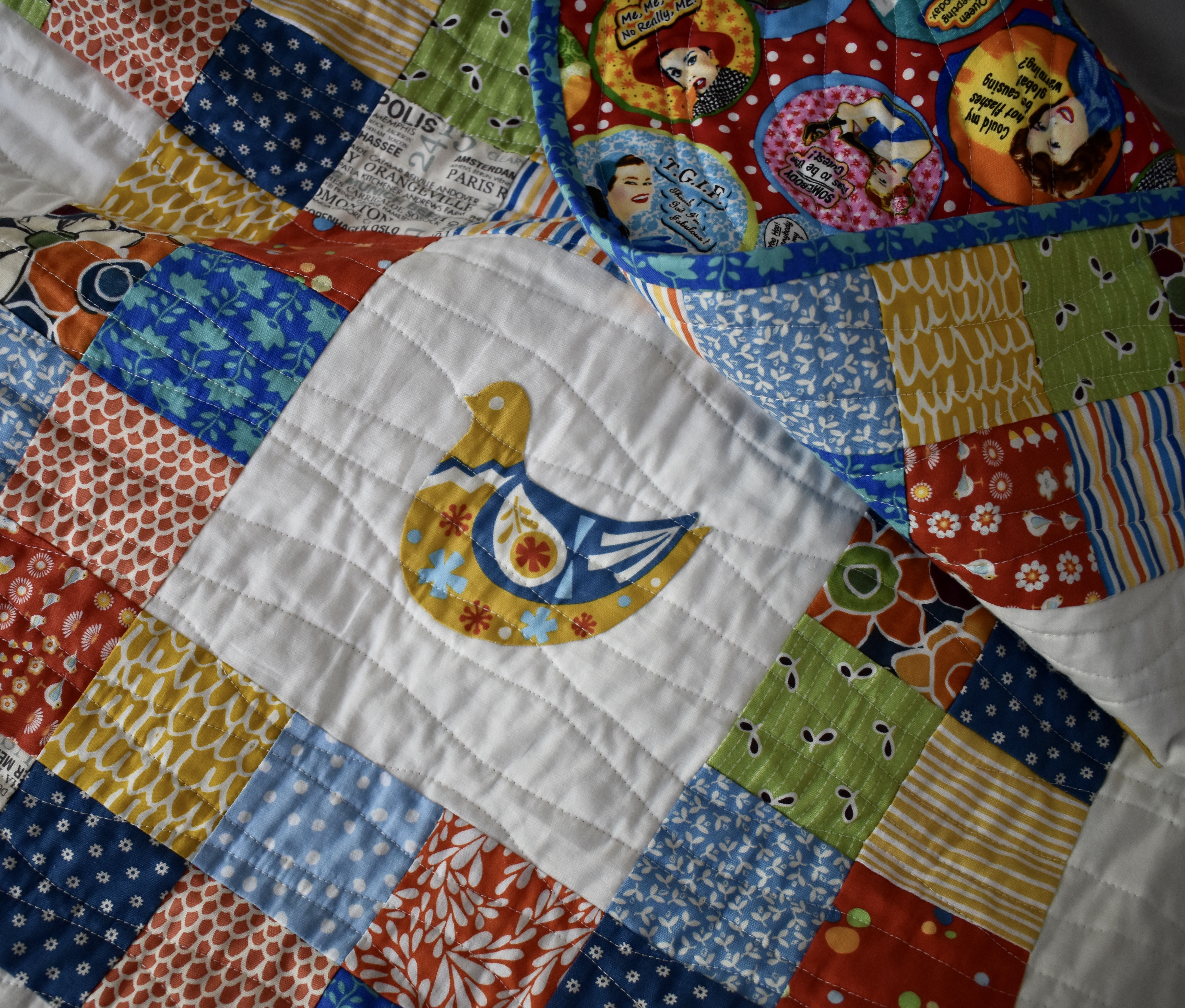 Scandi bird patchwork quilt - detail