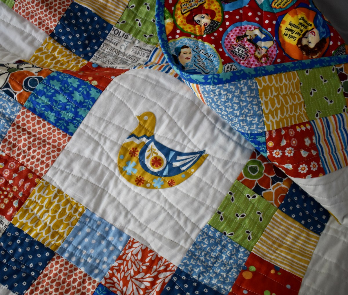 Scandi bird patchwork quilt - detail