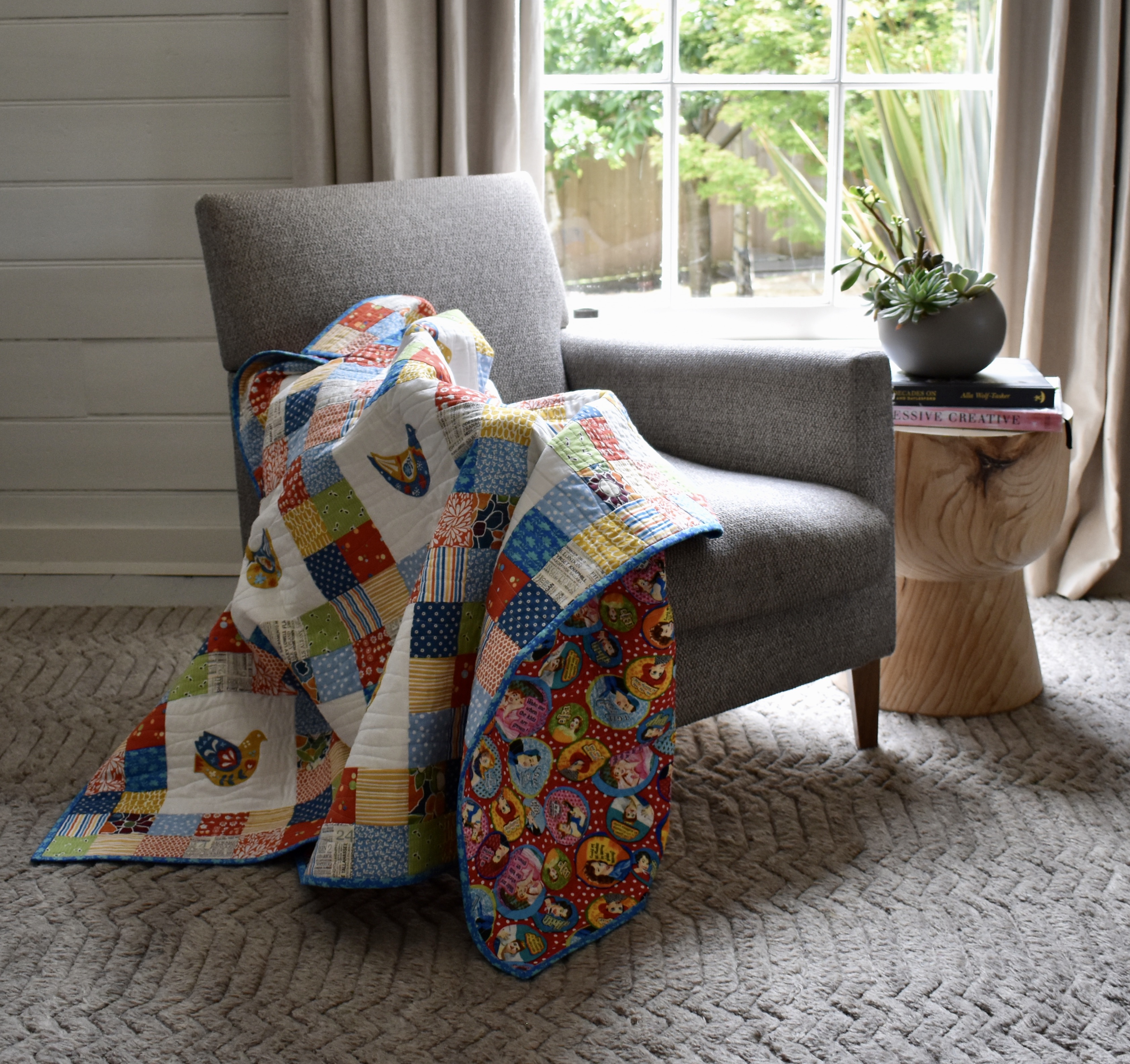 Scandi bird patchwork quilt